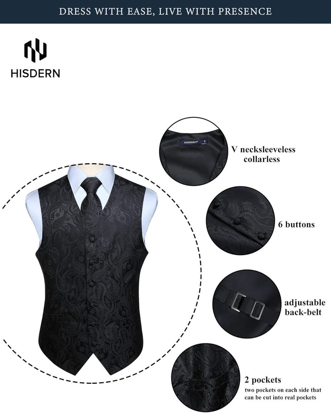 HISDERN Herren FLoral Hochzeit Weste Krawatte Einstecktuch Taschentuch Jacquard Weste Anzug Set XS S