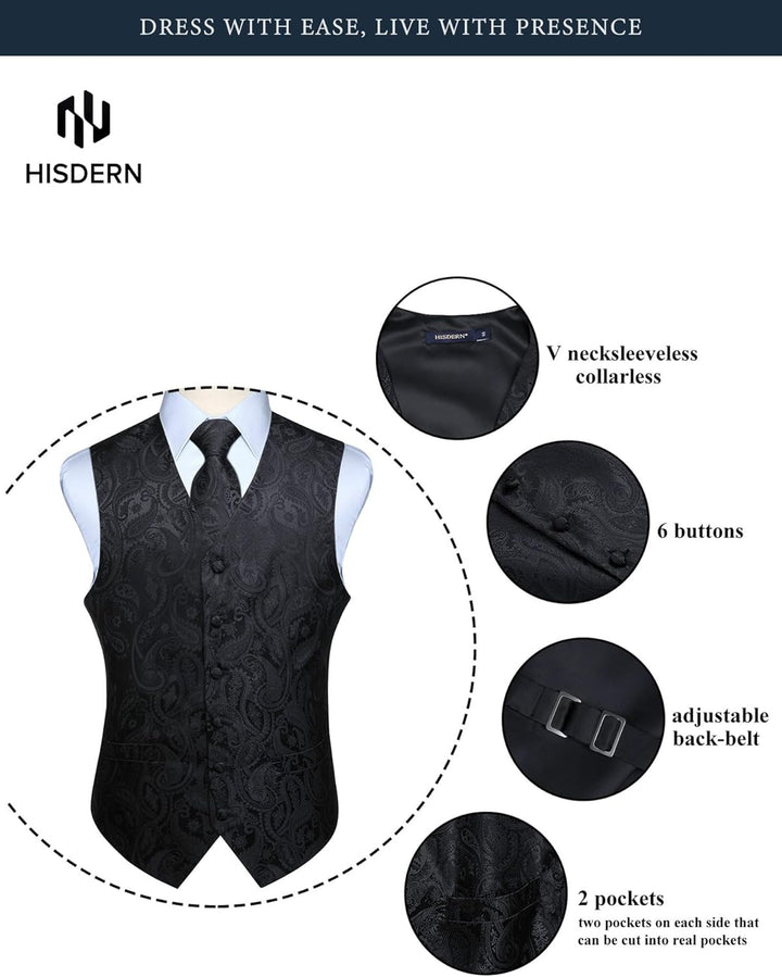HISDERN Herren FLoral Hochzeit Weste Krawatte Einstecktuch Taschentuch Jacquard Weste Anzug Set XS S