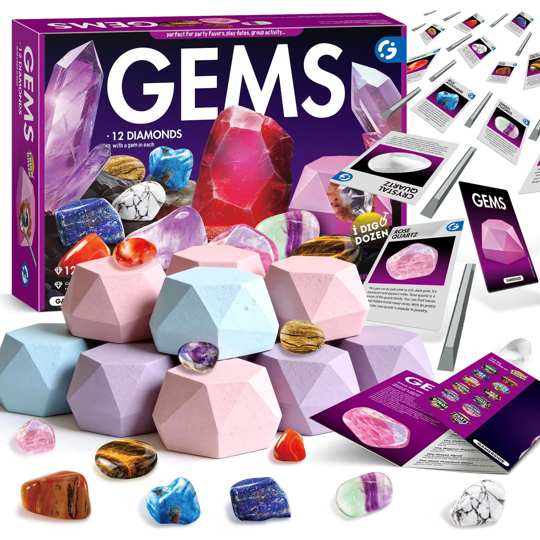 Gamerside Edelstein Ausgrabungsset für Kinder – Mit 12 Edelsteinen und Kristallen zum Ausgraben | Au