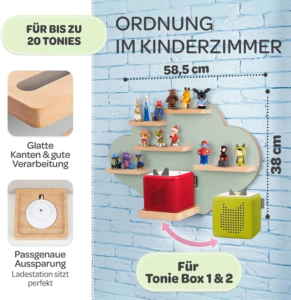 Tonie Regal Wolke Grün für Toniebox 1 & 2 [GRATIS Tragetasche] bis 20 Figuren - Mädchen und Junge -