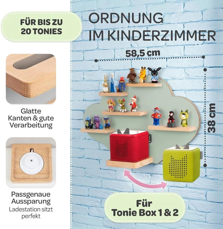 Tonie Regal Wolke Grün für Toniebox 1 & 2 [GRATIS Tragetasche] bis 20 Figuren - Mädchen und Junge -