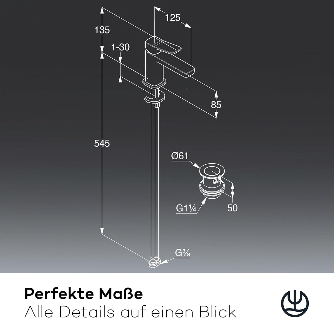KLUDI-X3 Waschtischarmatur mit Push-Open Ablaufgarnitur, Auslaufhöhe 85 mm, wassersparender Wasserha