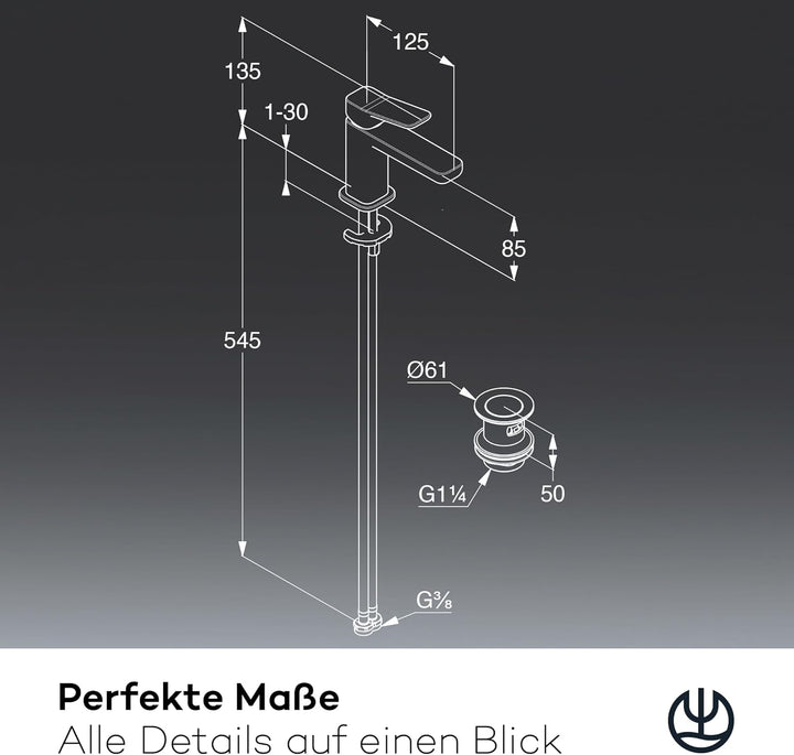 KLUDI-X3 Waschtischarmatur mit Push-Open Ablaufgarnitur, Auslaufhöhe 85 mm, wassersparender Wasserha
