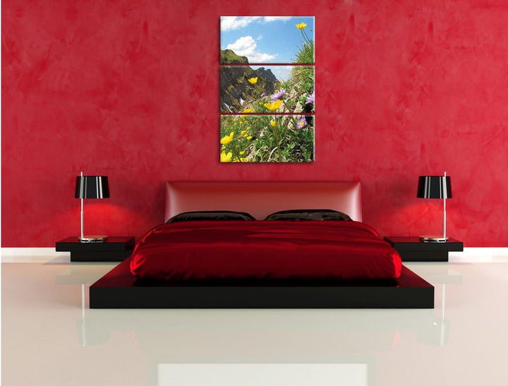 Pixxprint Blumenwiese im Frühling als Leinwandbild/Grösse: 3 Teilig (120x80) cm/Wandbild/Kunstdruck/