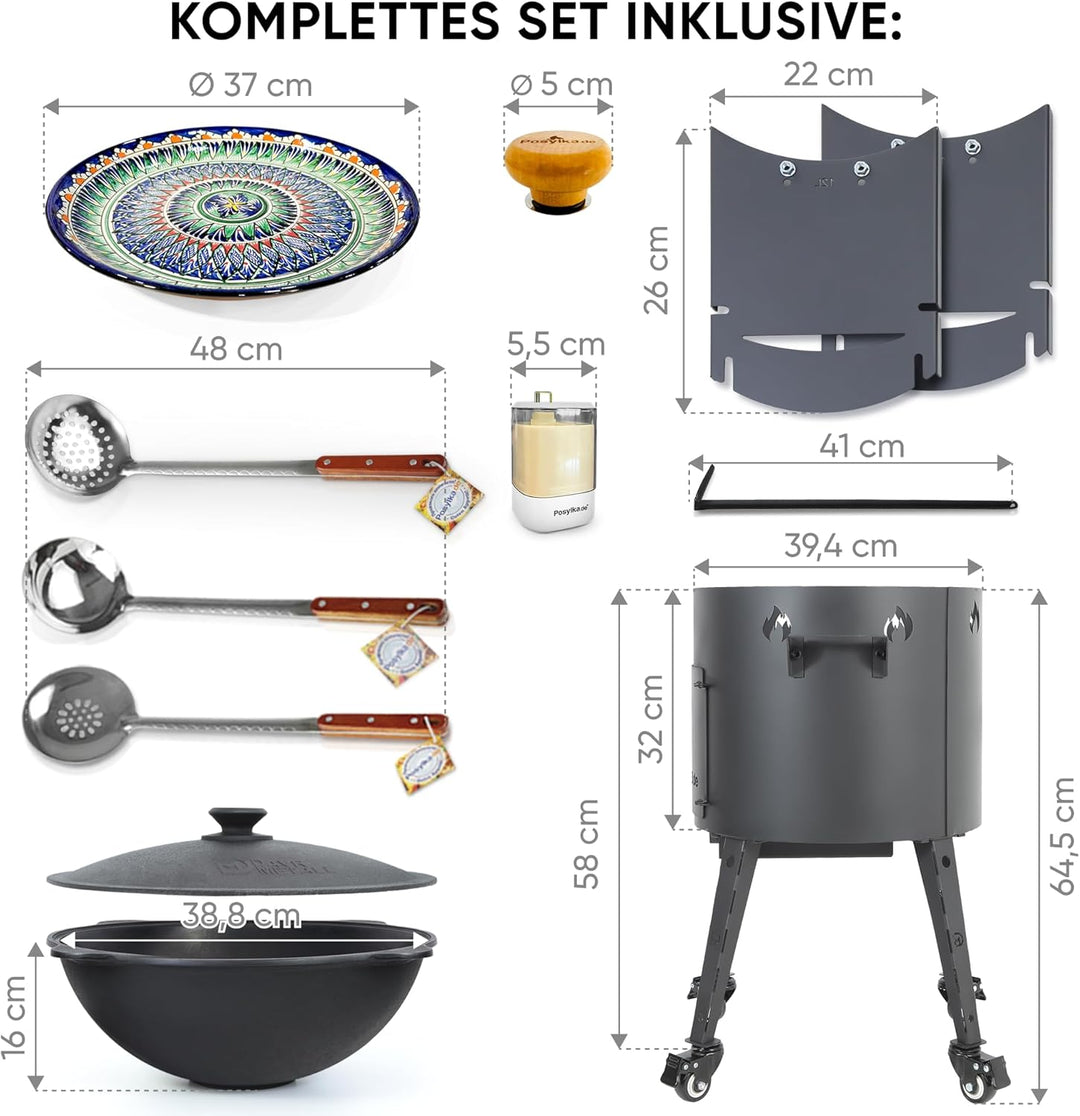 Utschak Feuerofen Ø 40cm & Gusseisen Kazan 12L Ø 42,5cm| Ablage, Räder & Schaumlöffel | Kasan mit De