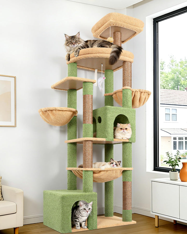 Globlazer Kratzbaum XXL Grün Kaktus für Grosse Katzen, Katzenbaum 193 cm mit 2 Grosse Katzenhaus, Ex