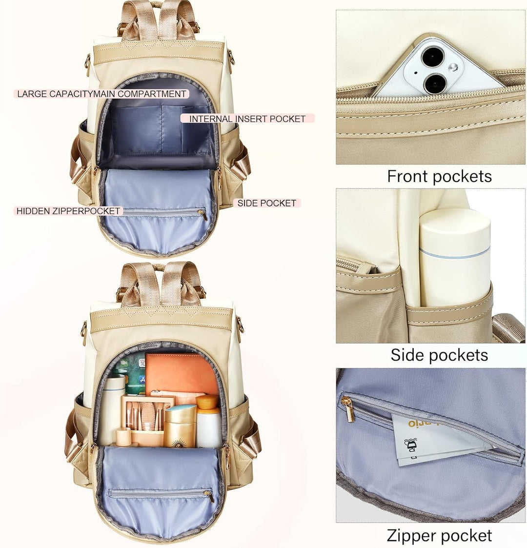 Leathario Rucksakck Damen klein,Diebstahlsicher Cityrucksack,PX4 Wasserdichtere Rucksackhandtasche,E