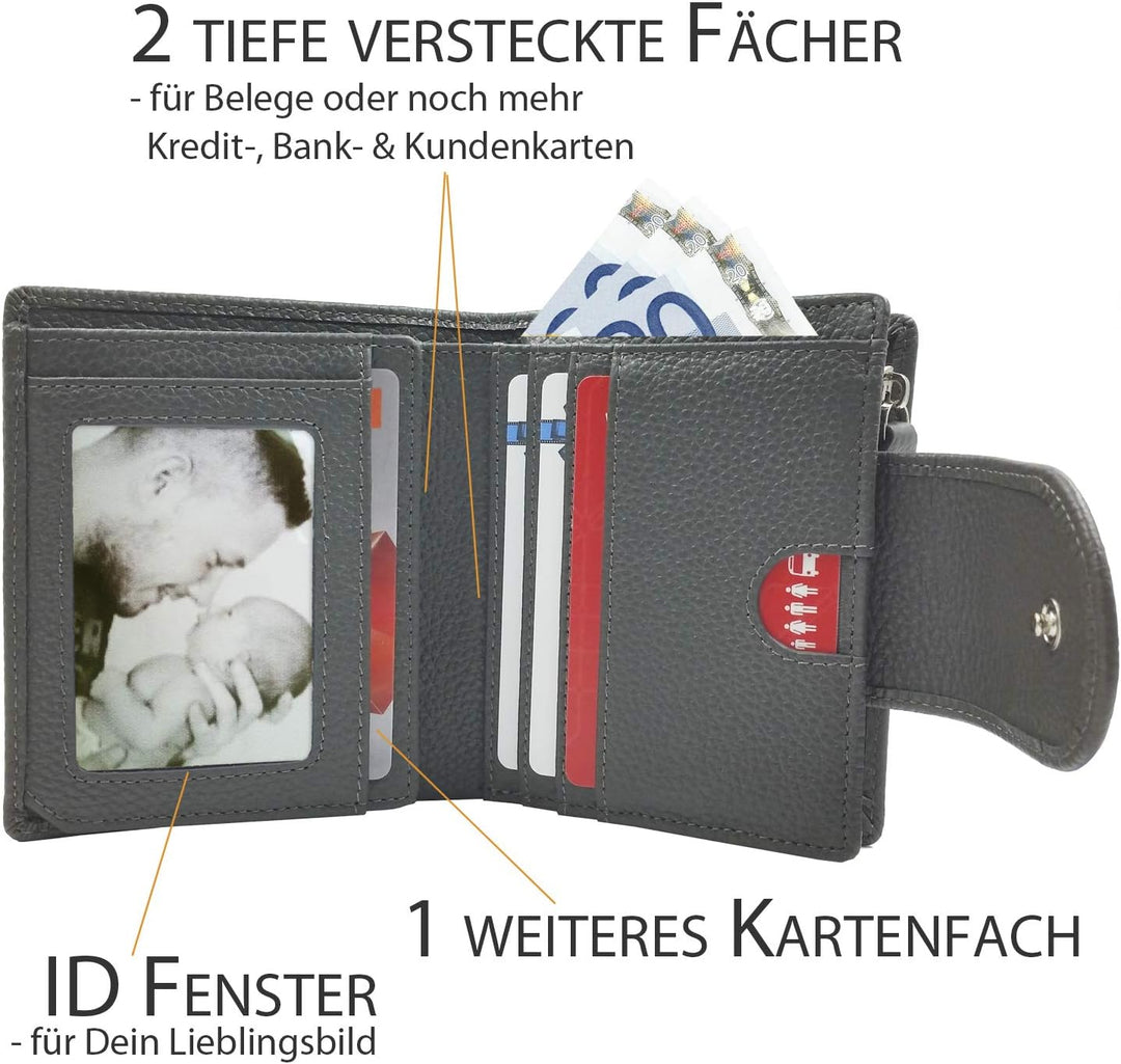 RFID Geldbörse Damen Leder, grau - RFID Blocker, Münzfach | Portemonnaie klein, Portmonee, Geldbeute