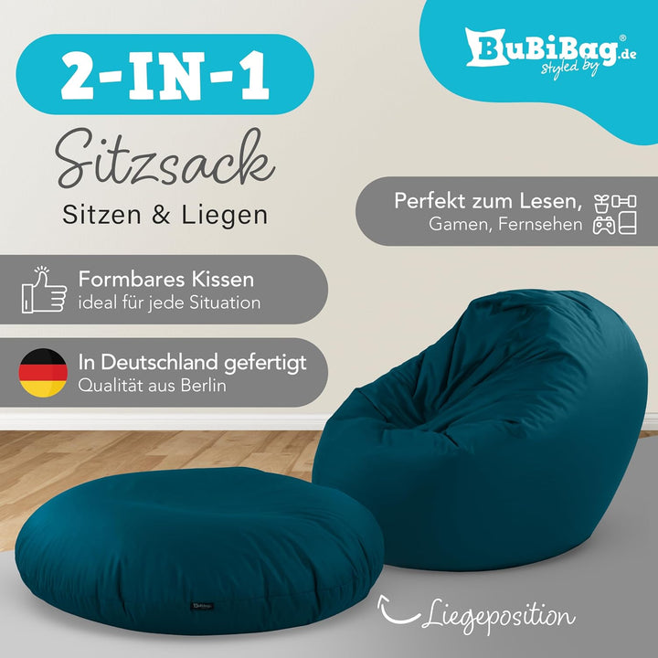 BuBiBag 2in1 Sitzsack L - XXL mit Füllung für Kinder &amp; Erwachsene, Gaming Beanbag &amp; Bodenkissen für