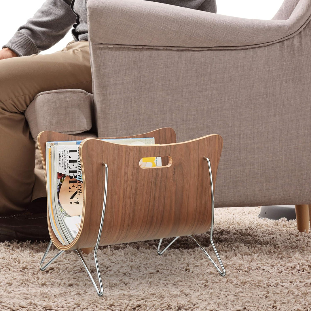 Relaxdays Zeitungsständer Holz, Bugholz, Zeitungskorb, modernes Design, robust, Tragegriffe, HBT 30