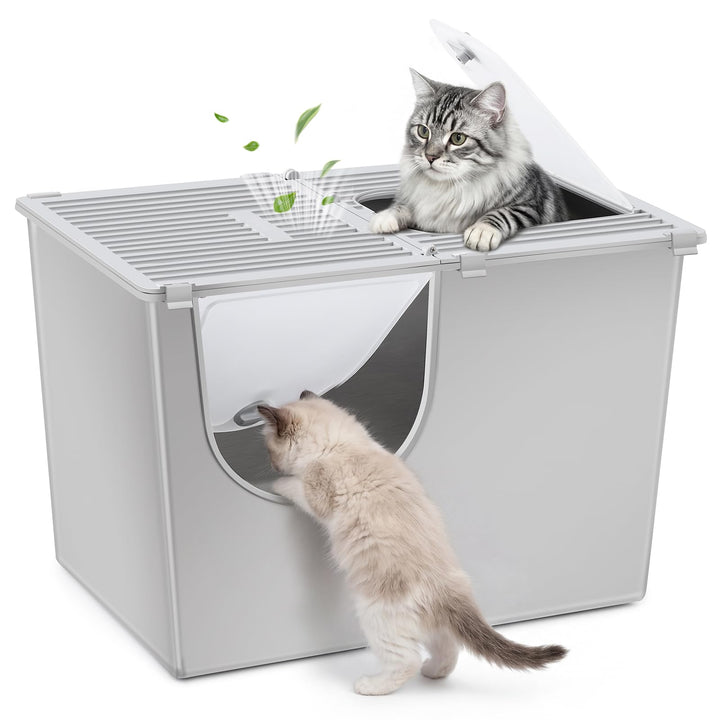 Yangbaga XXL Katzenklo Edelstahl mit Deckel:Geschlossene Katzentoilette mit Hohem Rand,Katzenklo Met