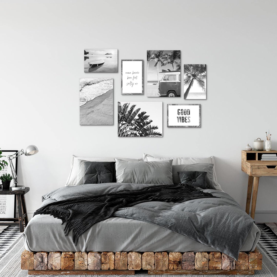 Novart Wandbilder Strand - KOMPLETT AUFHÄNGFERTIG - Schwarz Weiss Wohnzimmer Schlafzimmer- 7 Moderne