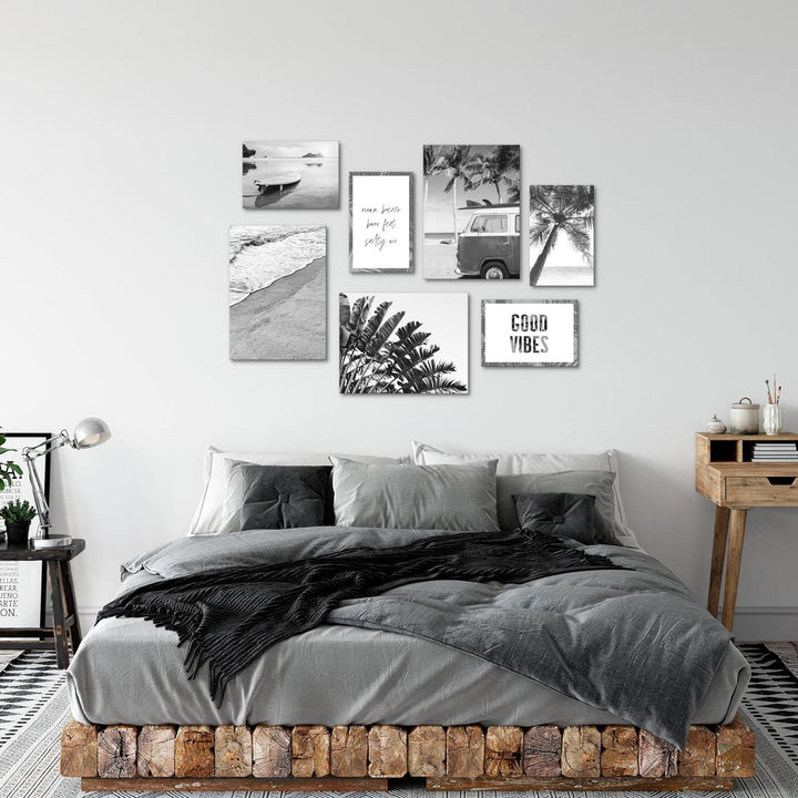 Novart Wandbilder Strand - KOMPLETT AUFHÄNGFERTIG - Schwarz Weiss Wohnzimmer Schlafzimmer- 7 Moderne