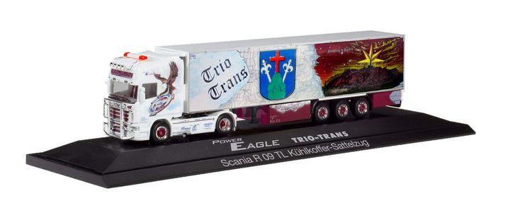 herpa 121965 Scania R TL Kühlkoffer-Sattelzug Trio-Trans Power Eagle (Bayern/Friedberg), Mehrfarbig