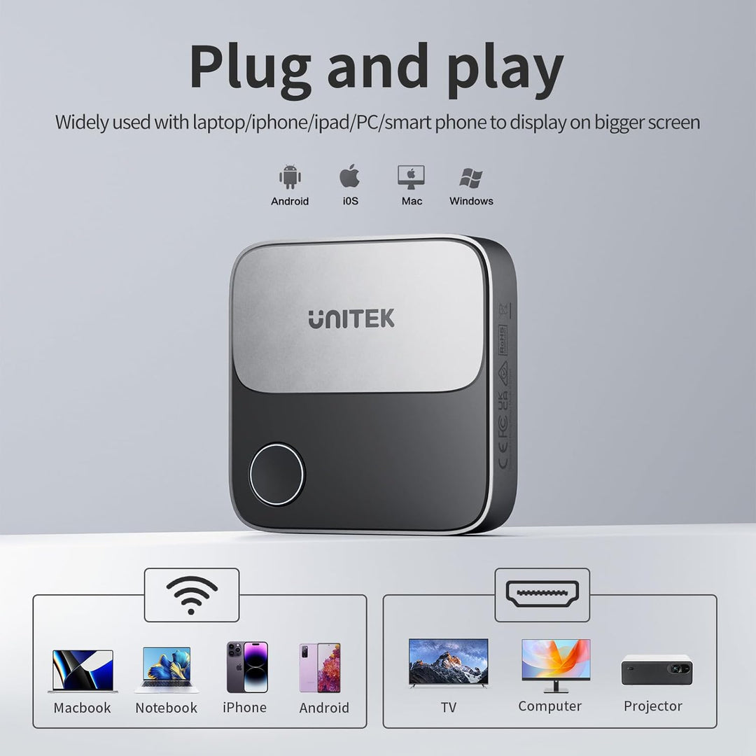 Unitek Hdmi Wireless Display Dongle Adapter - 4K 5G Miracast/Airplay Adapter, Wi-Fi HDMI für TV/Beam