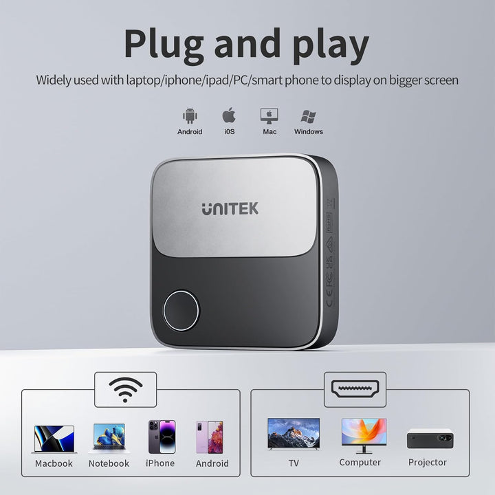 Unitek Hdmi Wireless Display Dongle Adapter - 4K 5G Miracast/Airplay Adapter, Wi-Fi HDMI für TV/Beam