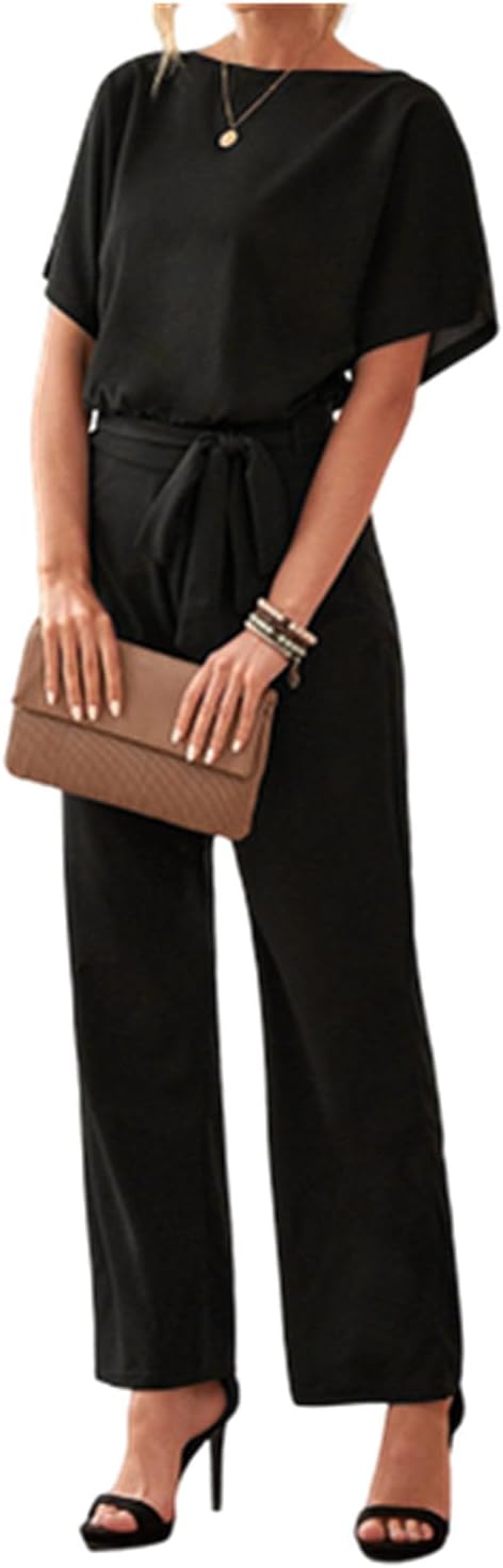 Bipily Damen Kurzarm Lang Jumpsuit Elegant Overall Jumpsuits O-Ausschnitt Playsuit Romper Hosenanzug