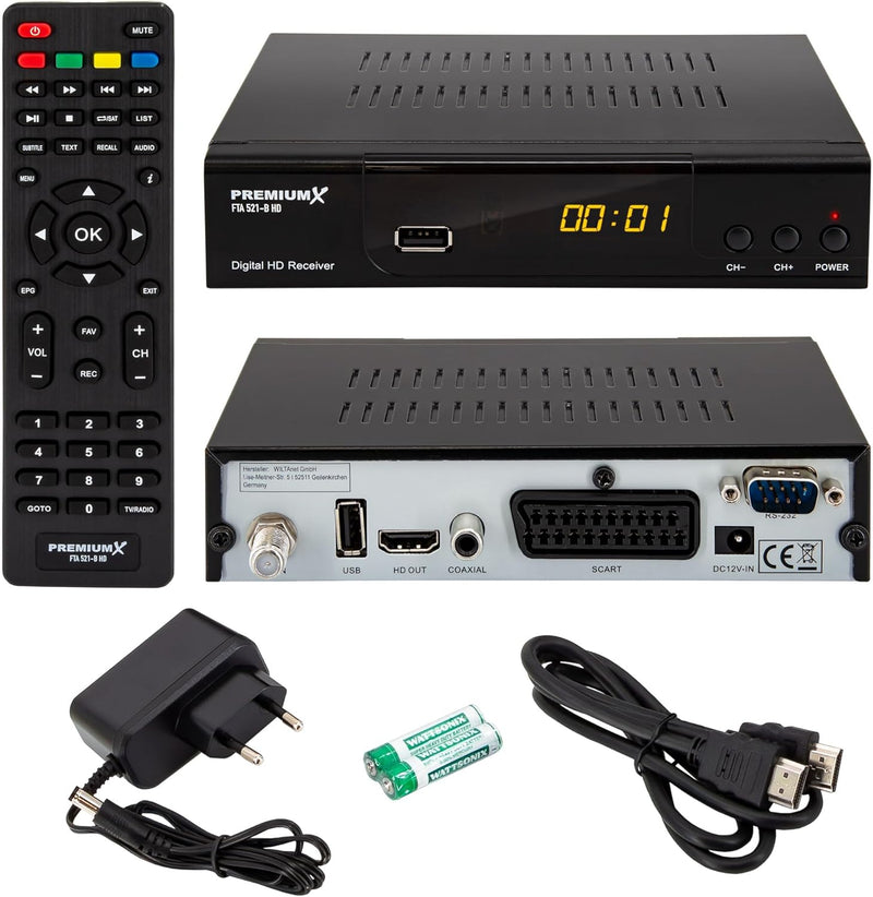 PremiumX Satelliten-Receiver HD 521 FTA Digital SAT TV-Receiver DVB-S2 FullHD HDMI SCART 2X USB Mult