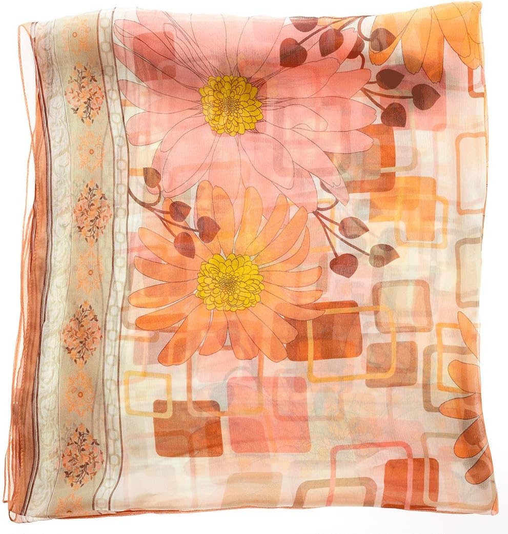 Modassori Damen-Mode Schal Pareo Schultertuch Seiden-Kollektion 2024 Blumen-Muster Gelb-Orange Artik