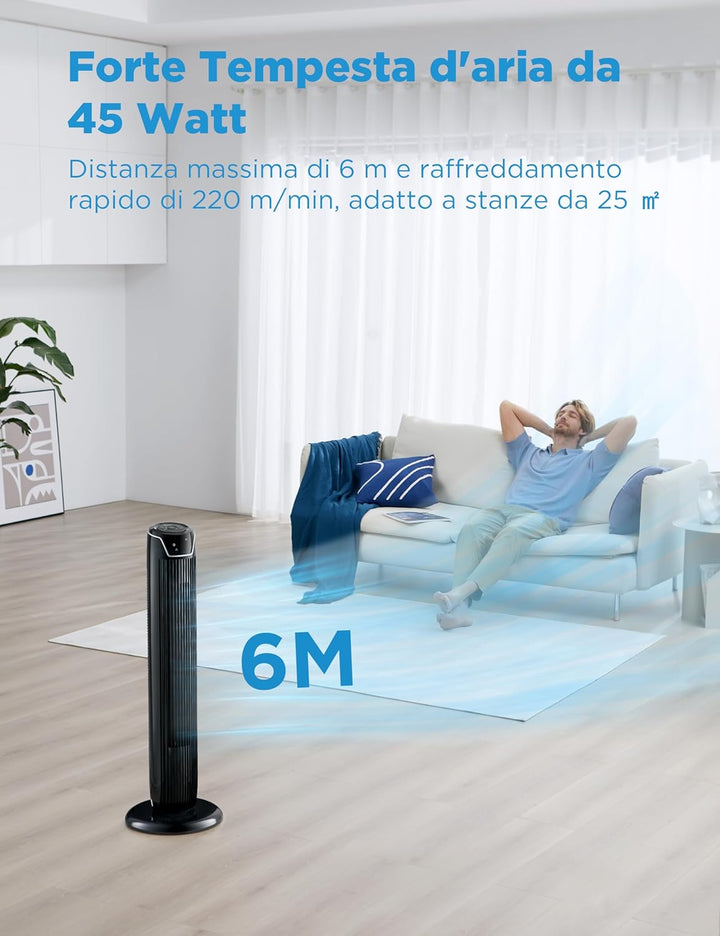 Midea FZ10-17JR Turmventilator mit Fernbedienung Timer 7 Stunden, 3 Modi, 3 Geschwindigkeiten, 45 W,