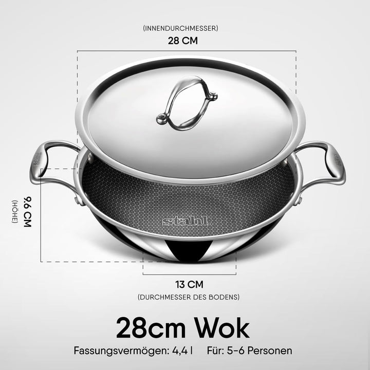 Stahl Triply Kratzerfreier Wok mit Deckel | Edelstahl Wok mit Induktionsboden | 28 cm, 4.4L für 8 Pe