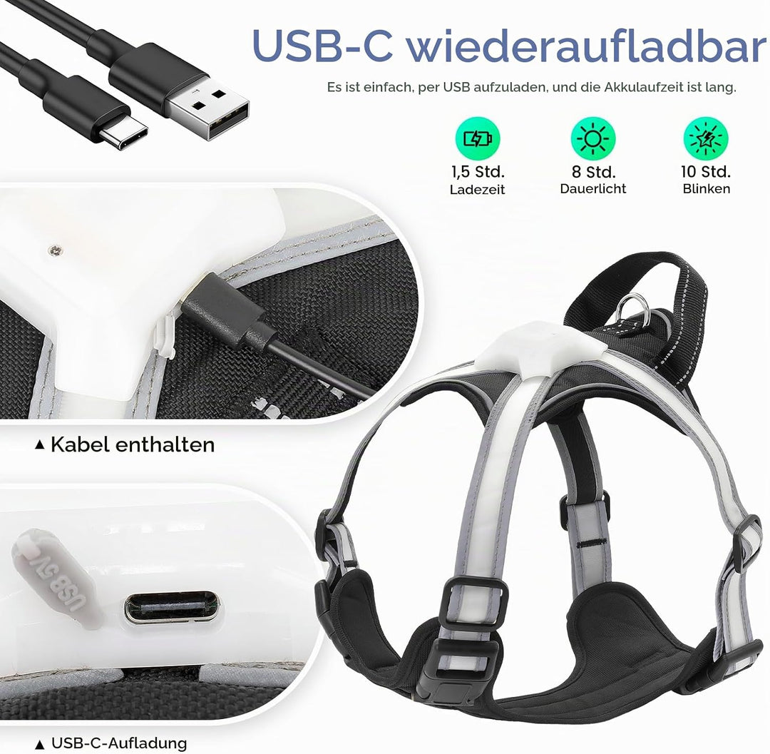 LED Hundegeschirr Leuchtend, Multicolor Reflektierendes Leuchthundegeschirr für Nacht, USB-C Wiedera