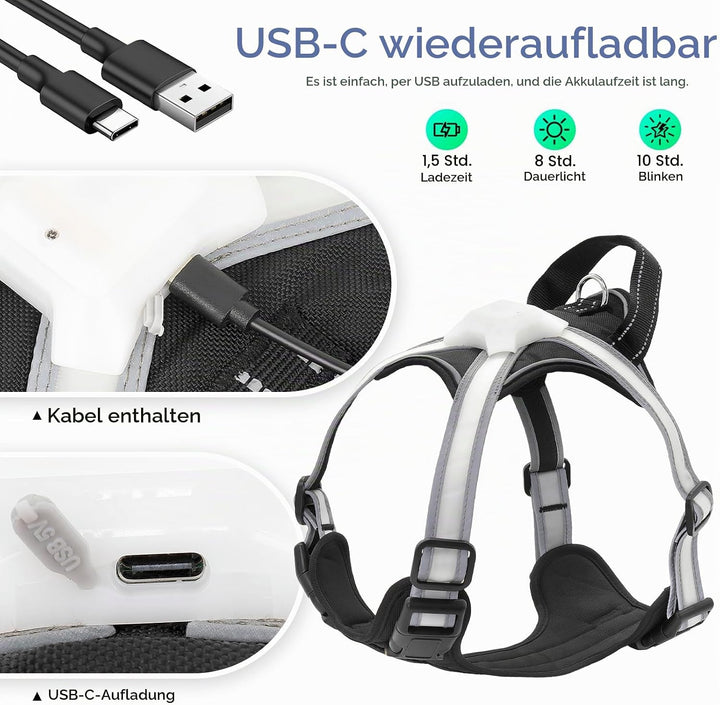 LED Hundegeschirr Leuchtend, Multicolor Reflektierendes Leuchthundegeschirr für Nacht, USB-C Wiedera