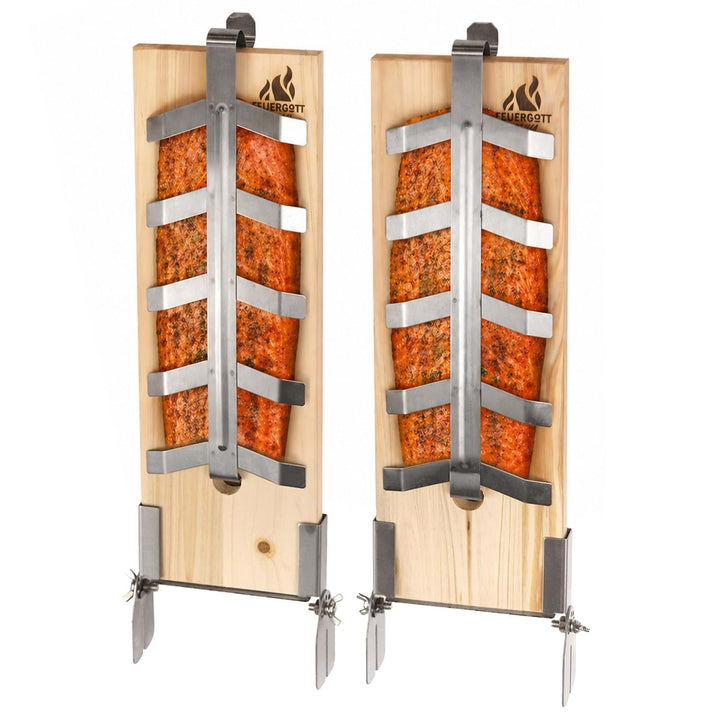 Flammlachsbrett Classic 2er-Set mit Edelstahl-Halterung zum Grillen und Räuchern von Lachs, Forellen