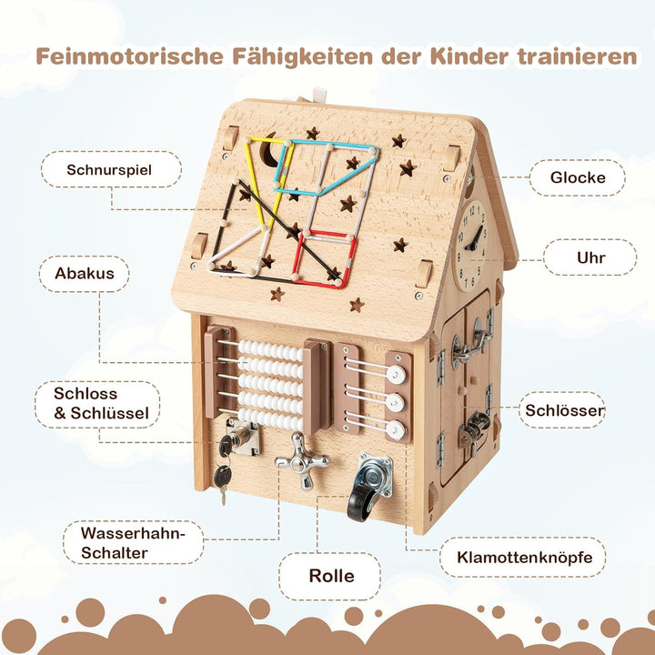 COSTWAY Kinder Spielhaus aus Holz, sensorisches Spielzeughaus mit Sinnesspielen & Stauraum im Innere
