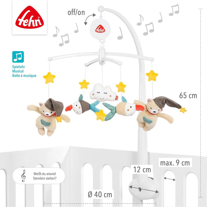 Fehn Musik Mobile Bruno - Baby Einschlafhilfe Musikspielzeug mit süssen Tieren - Babymobile Spieluhr