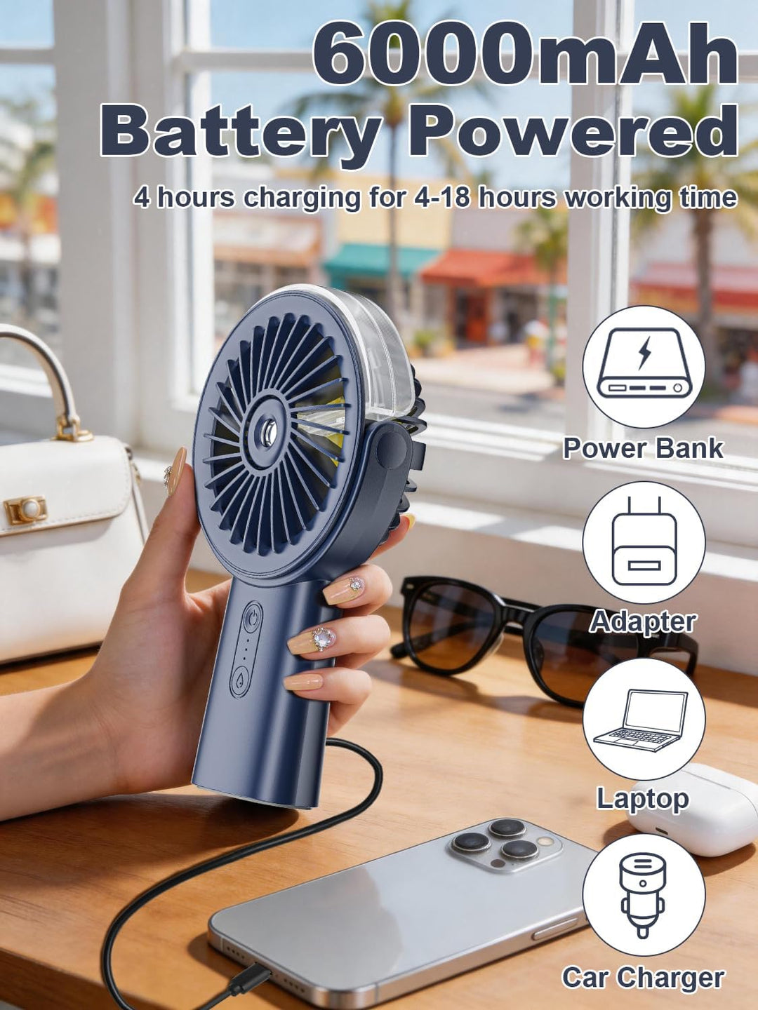Handventilator Akku Aufladbar mit Wasserkühlung, 6000mAh Tragbarer Mini Ventilator mit 3 Gänge, Vent