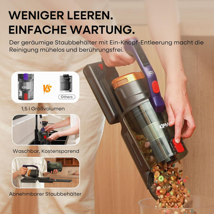 KIPMAX Akku Staubsauger 50000Pa/550W/70Min,1.5L Staubsauger Kabellos mit Display,Anti-Tangle-Bürste,