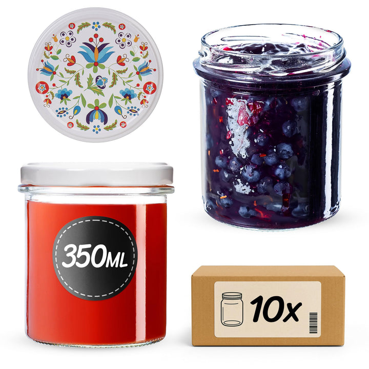 KADAX 10er Set Marmeladengläser 350ml TO82 Blumen, Einmachgläser Vorratsgläser Mason Jar mit Schraub