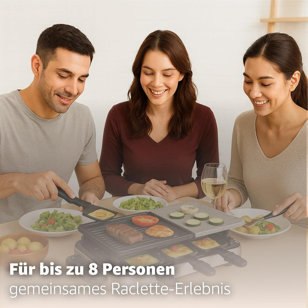 Raclette Set für 8x Personen - antihaftbeschichtet- Tischgrill inkl. Pfännchen & Schaber (Eckig), Ec