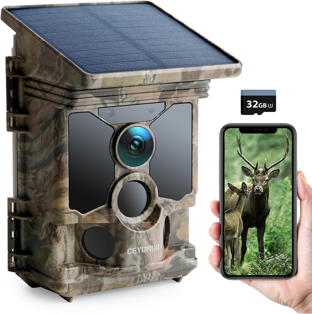 CEYOMUR Solar WLAN Bluetooth Wildkamera Handyübertragung, 4K 30fps 46MP Jagdkamera, mit Bewegungsmel