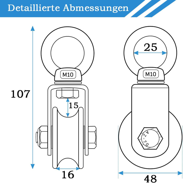 2 Stück Umlenkrolle Edelstahl für Stahlseil, Seilrolle mit 2 Kugellager, Tragkraft 500kg 48mm_2 Stüc