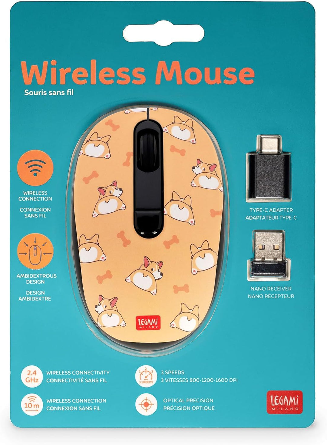 LEGAMI – Kabellose Maus mit ultrakompaktem USB-Empfänger, Corgi, 3 Geschwindigkeitsoptionen, ABS-Mat