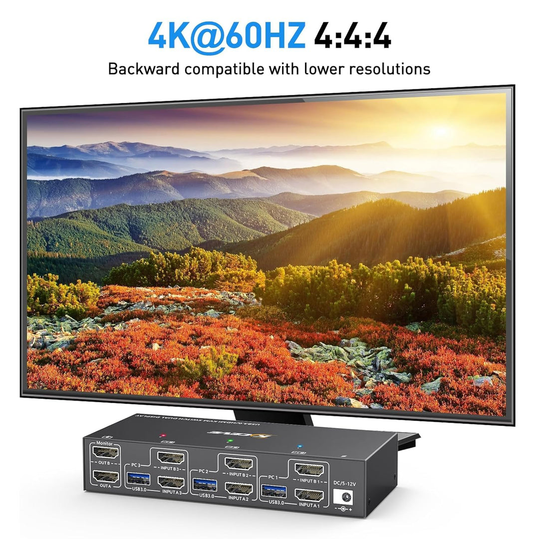 KVM Switch 2 Monitore 3 PC HDMI, KCEVE 4K@60Hz Dual Monitor USB 3.0 KVM Umschalter mit EDID Emulator