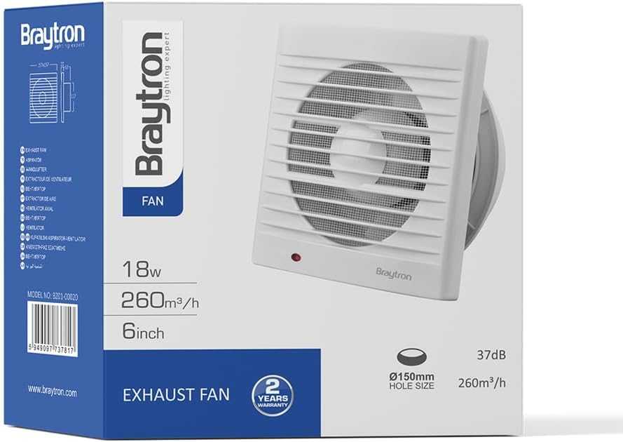 Braytron Badlüfter Wandlüfter WC Küche Ventilator Lüfter Ø150mm Leise 37dB Leistungsstark 260 m³/h E