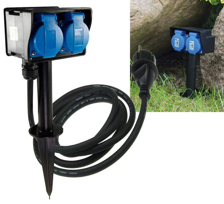 Steckdosenblock für Aussen 2-fach Verteiler 2m Kabel Erdspiess-Steckdose IP44 230V Aussen-Steckdose