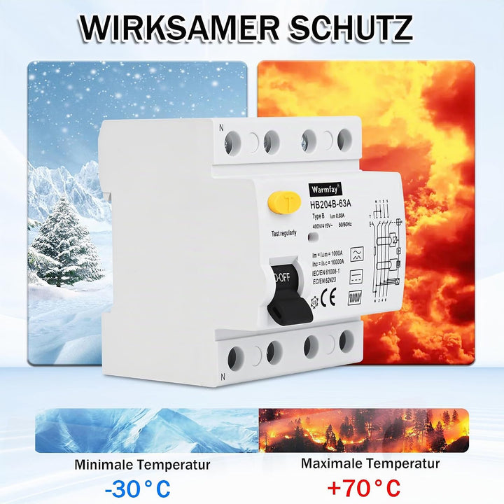 Warmfay FI Schutzschalter 63A 30mA 4 Polig, Fehlerstromschutzschalter Typ B Allstromintensiv Schalte