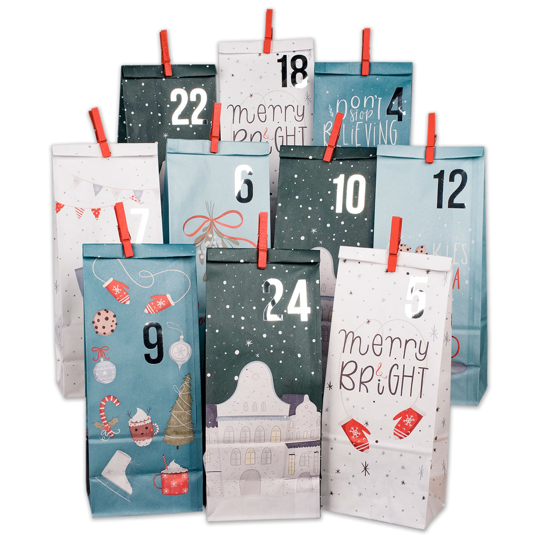 Papierdrachen Adventskalender 2025 zum Befüllen - 24 Papiertüten in Blau mit Zahlenaufklebern & Klam