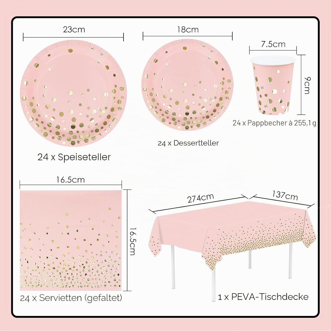 Partygeschirr 97 Stück Rosa Gold Pappteller, Servietten, Pappbecher, Tischdecke, Partyteller Set zum