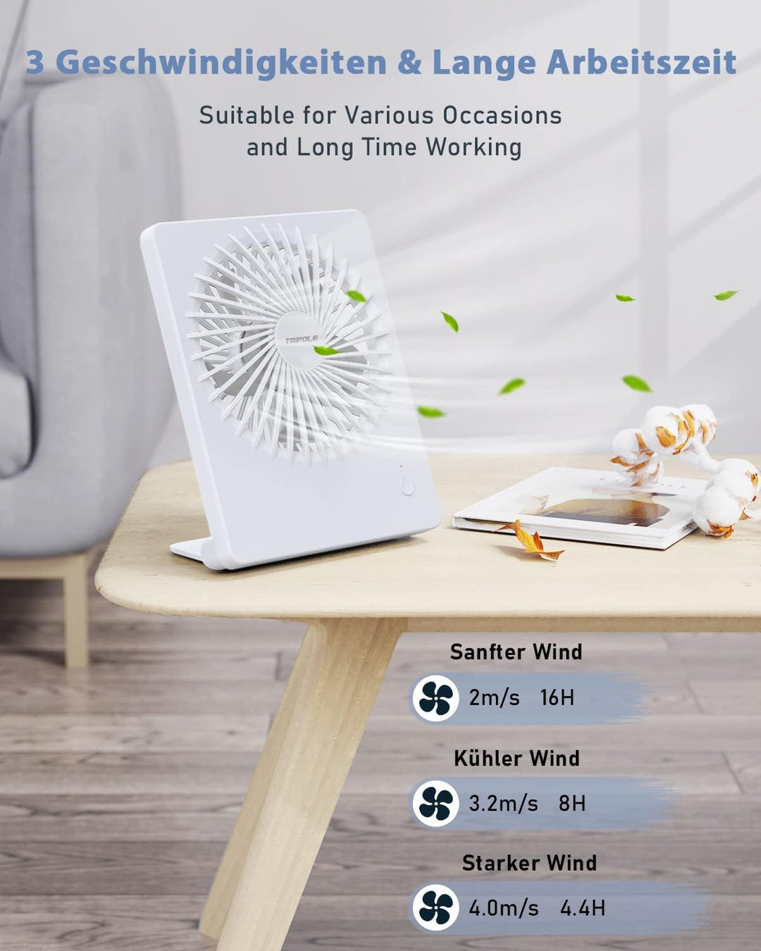 TriPole Tischventilator Leise, 2000mAh Ladefähige USB Ventilatoren Ausführen Bis zu 4-16 Std, 3 Gesc