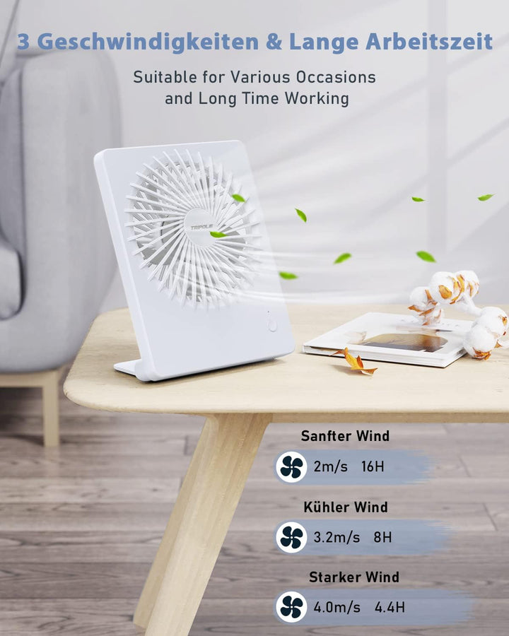 TriPole Tischventilator Leise, 2000mAh Ladefähige USB Ventilatoren Ausführen Bis zu 4-16 Std, 3 Gesc