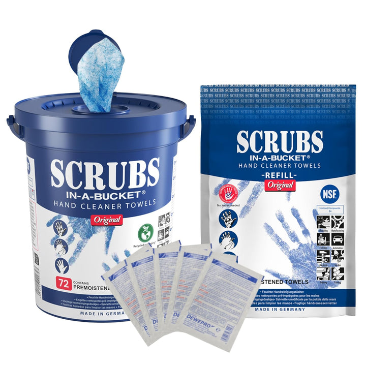 SCRUBS in-a-bucket mit nachhaltigem SCRUBS Refill Nachfüllpack mit je 72 Stück Handreinigungstücher