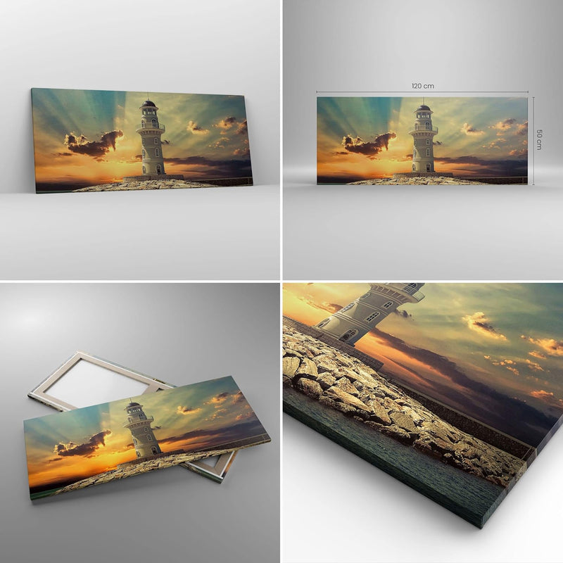 Wandbilder Dekoration Wohnzimmer Leuchtturm Wasser Meer Steine Panorama Bilder auf Leinwand 120x50cm