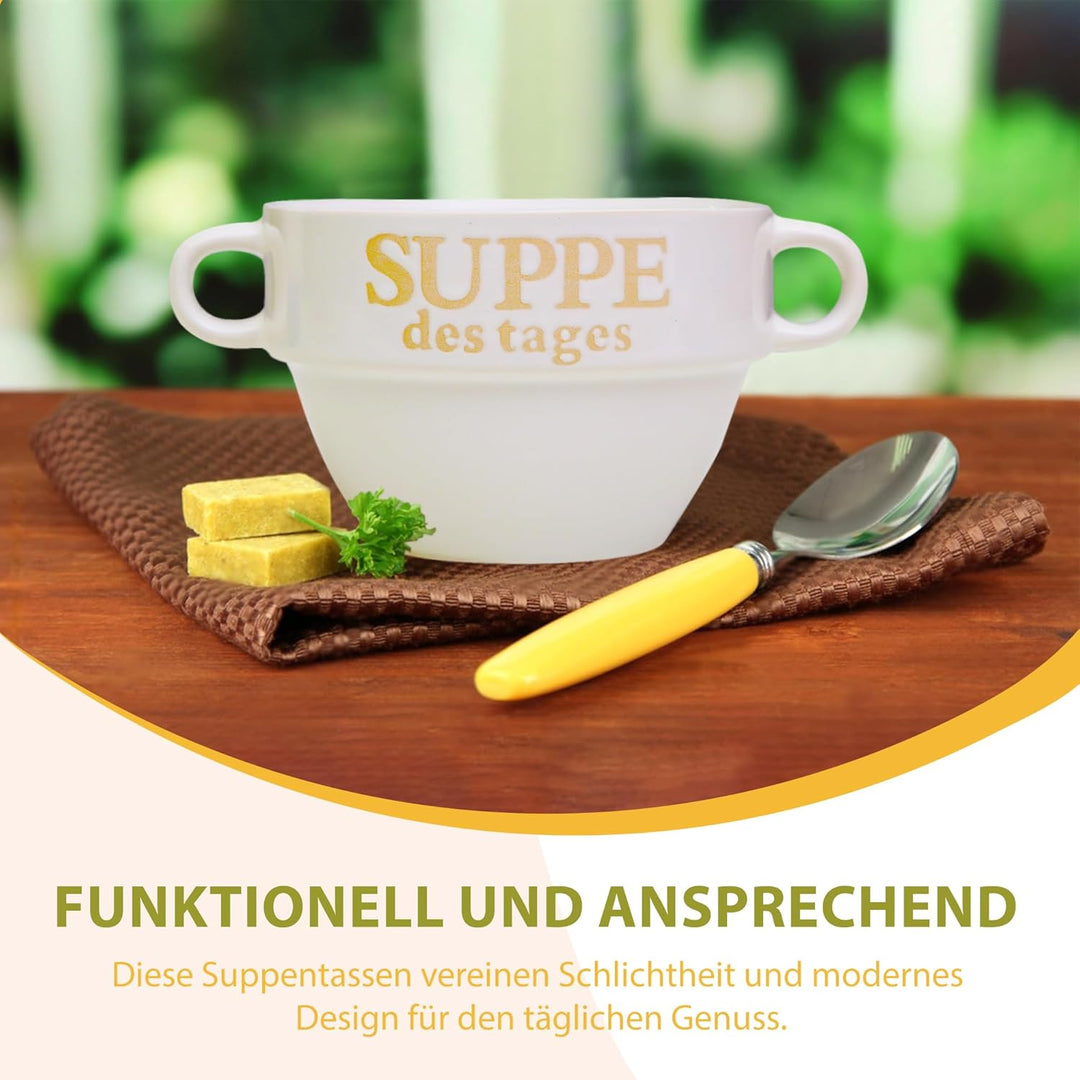 DRULINE 12x Set Suppentasse Weiss aus Keramik Ø 13 cm mit Henkel – Hochwertige Suppenschale, Hitzebe