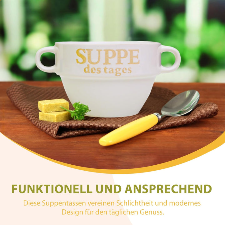 DRULINE 12x Set Suppentasse Weiss aus Keramik Ø 13 cm mit Henkel – Hochwertige Suppenschale, Hitzebe