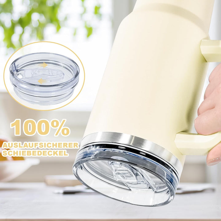 Thermobecher mit Strohhalm und Henkel 1,2L, 100% Auslaufsicherer Trinkbecher, Edelstahl Doppelwand V